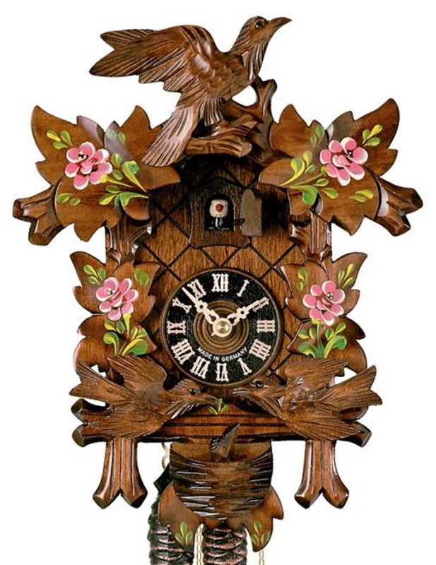 Traditionelle Kuckucksuhr mit rosa Blumen bemalt aus Holz, Höhe 32 cm, mechanisches Uhrwerk