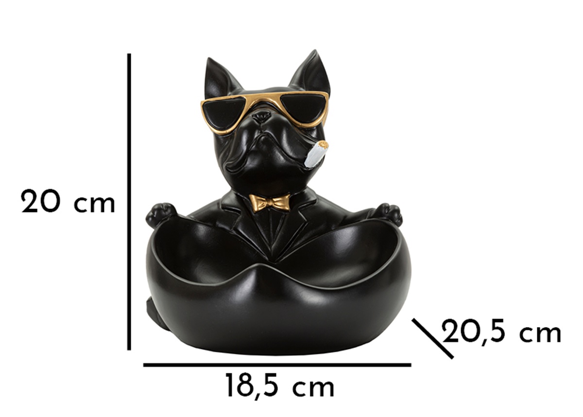 Dekofigur Hund Ball Cool schwarz klein sitzend mit Brille vor großem Napf als Behälter H 20 cm