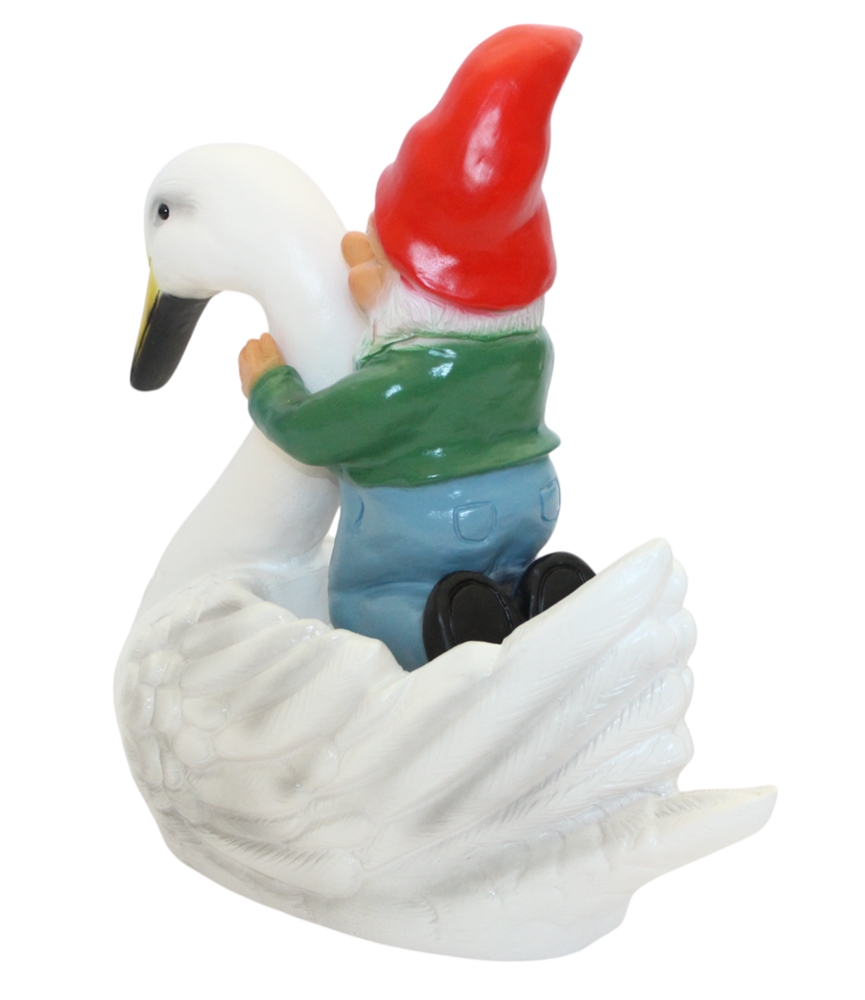 Gartenzwerg auf Schwan H 35 cm witzige Teichfigur aus Kunststoff, Dekofigur für Garten & Teich