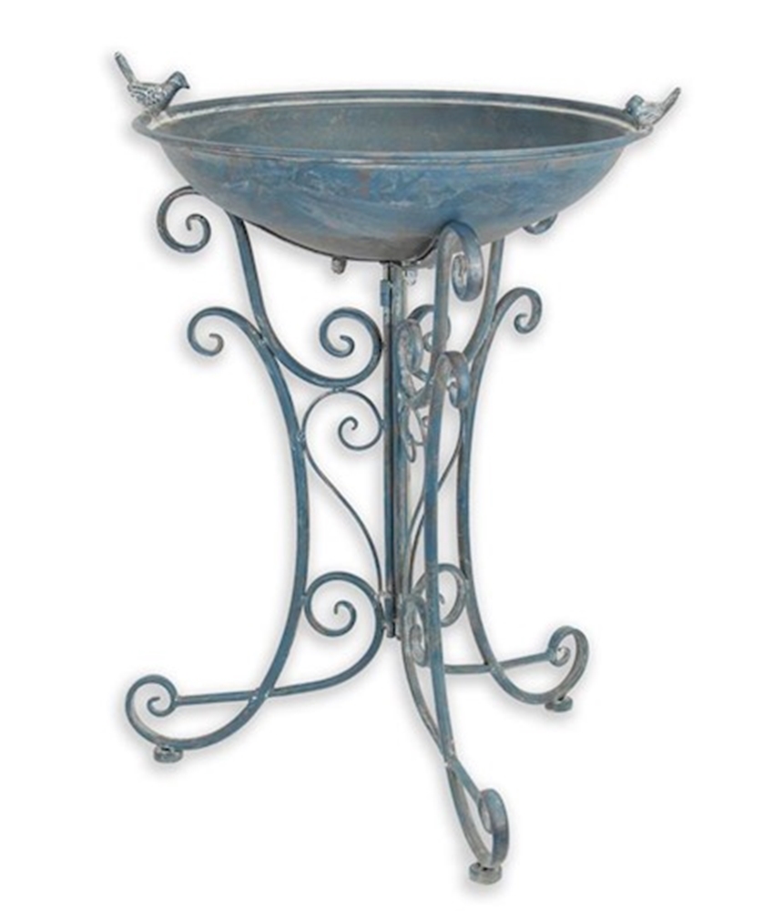 Jugendstil Vogeltränke mit Ständer in blau aus Eisen Romantische Gartendeko Vogelbad, Höhe 73,5 cm
