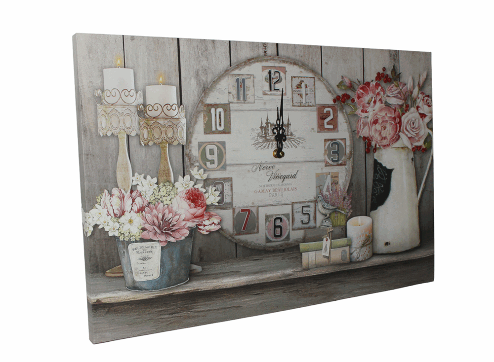 Nostalgie LED-Wandbild Blumen Deko Bild mit integrierter Uhr 40x60 cm Leinwandbild