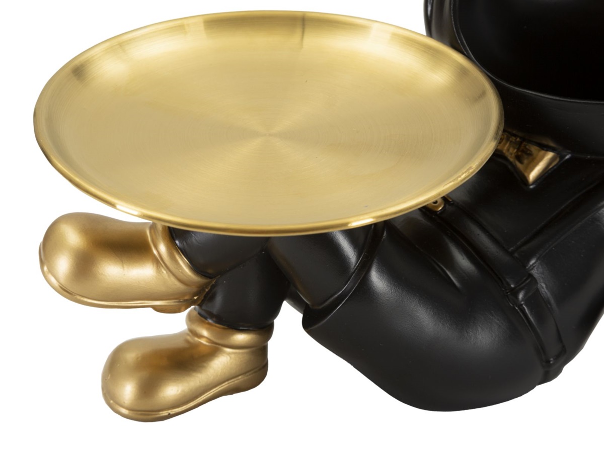 Dekofigur Hund Buddy Cool schwarz klein liegend mit goldenem Tablett und Mundbehälter H 18,5 cm
