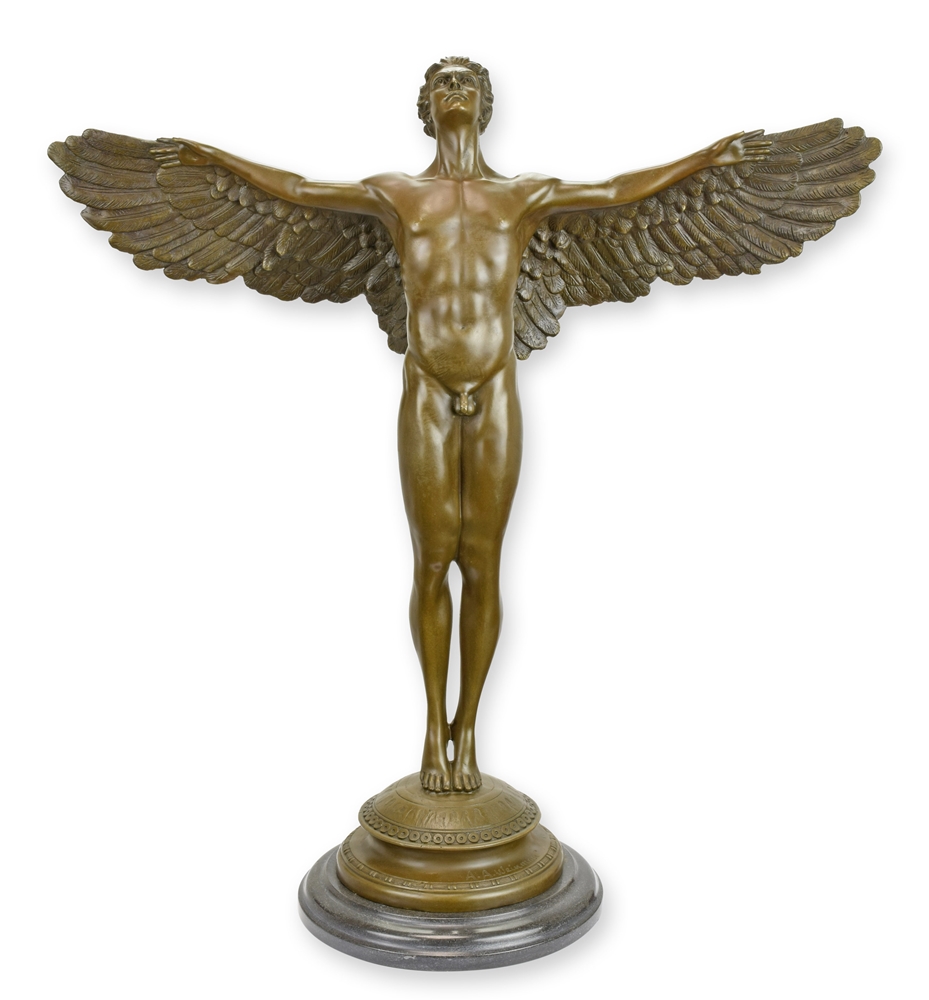 Bronzefigur 'Geflügelter Mann' – Engel aus Bronze auf Sockel, Höhe 60 cm, Ausdrucksstarke Kunst