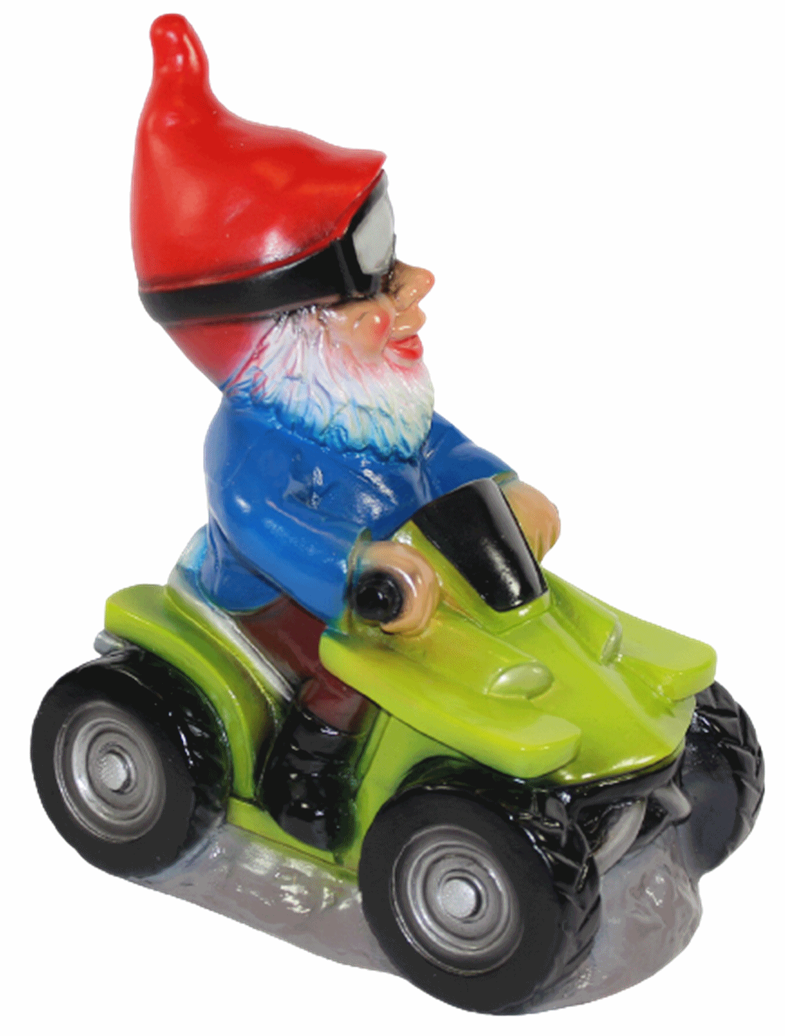 Gartenzwerg Deko Garten Figur Zwerg sitzend auf Quad mit Schutzbrille aus Kunststoff H 29 cm