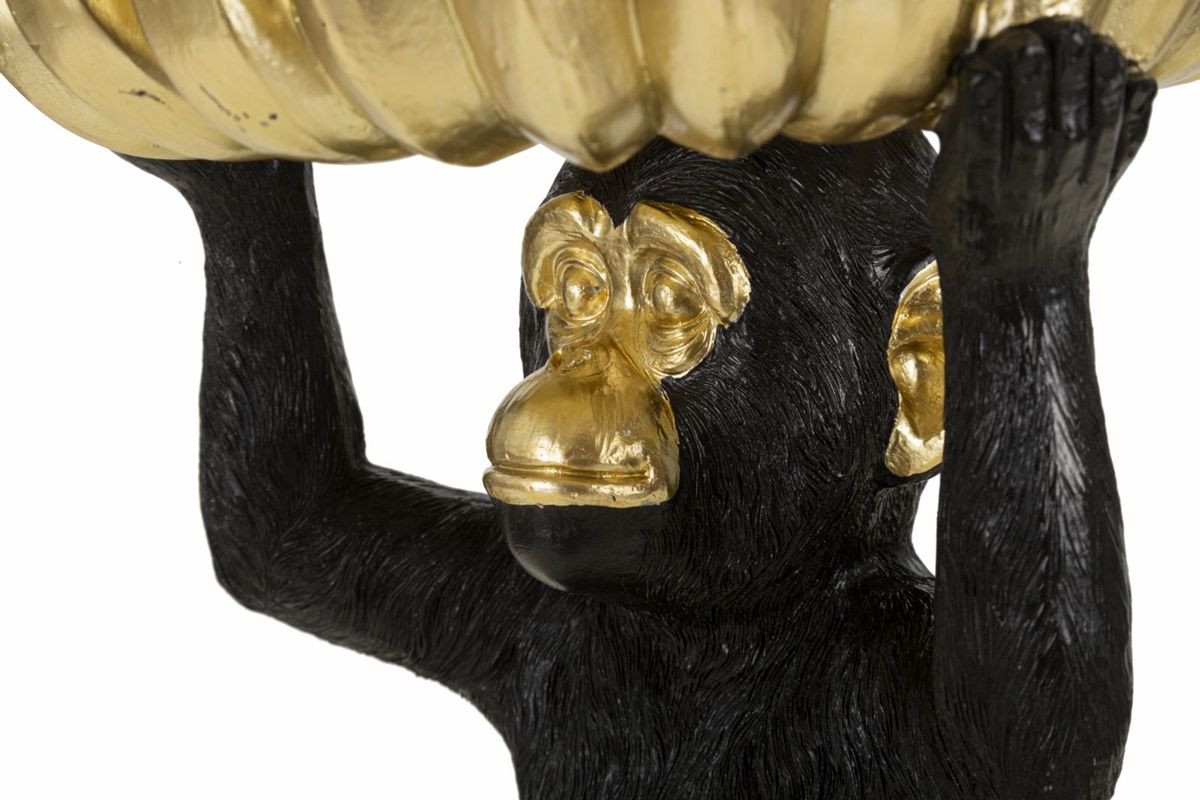 Dekofigur Affe Schimpanse sitzend Tierfigur mit goldener Bananenschale auf dem Kopf H 31,5 cm