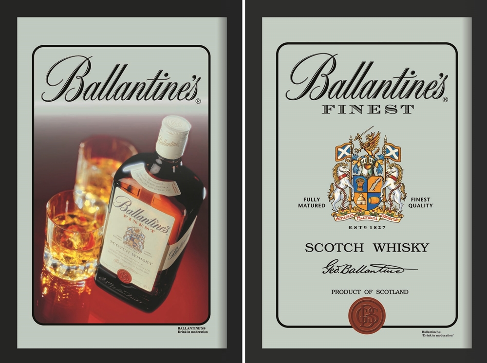 Set: 2 Spiegelbilder Ballantines Whisky Flasche Emblem 30x20 cm Hinterglasdruck mit schwarzen Rahmen
