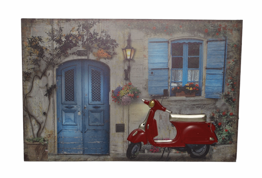 Nostalgie LED-Wandbild Gasse mit roter Roller Vespa Vintage Stil 40x60 cm Leinwandbild