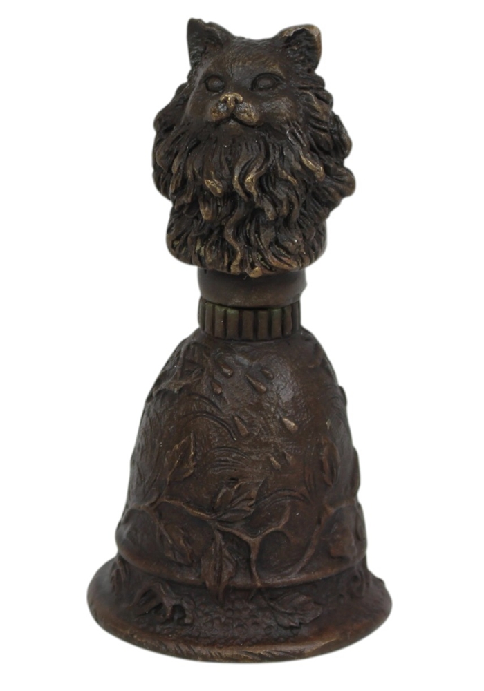 Bronzefigur Katze als Tischglocke H 9,8 cm Bronze Nostalgische Handglocke mit Katzenkopf Jugendstil