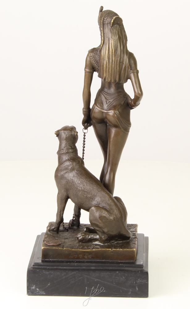 Bronzefigur Bronzeskulptur Bronze Figur Cleopatra Königin von Ägypten mit Panther H 25,5 cm