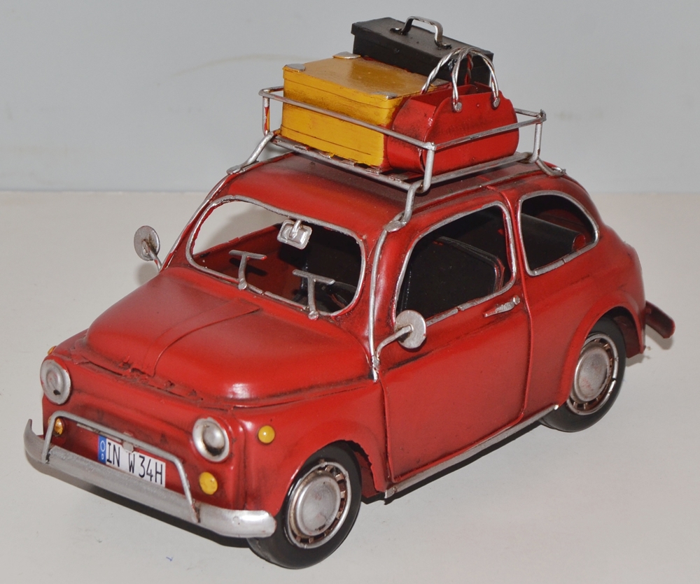 Blechauto Nostalgie Modellauto Oldtimer Automarke Fiat 500 Topolino mit Koffer aus Blech L 24 cm