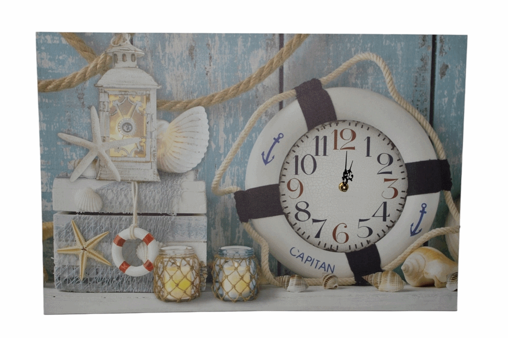 Nostalgie LED-Wandbild Maritim Deko Bild mit integrierter Uhr Rettungsring 40x60 cm Leinwandbild