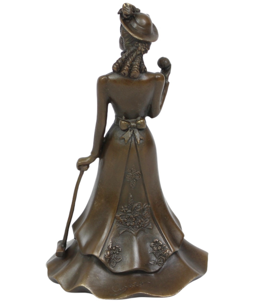 Bronze Tischglocke im Jugendstil mit Golferin Frau Motiv H 17 cm Elegante Tisch Golf Dekoration