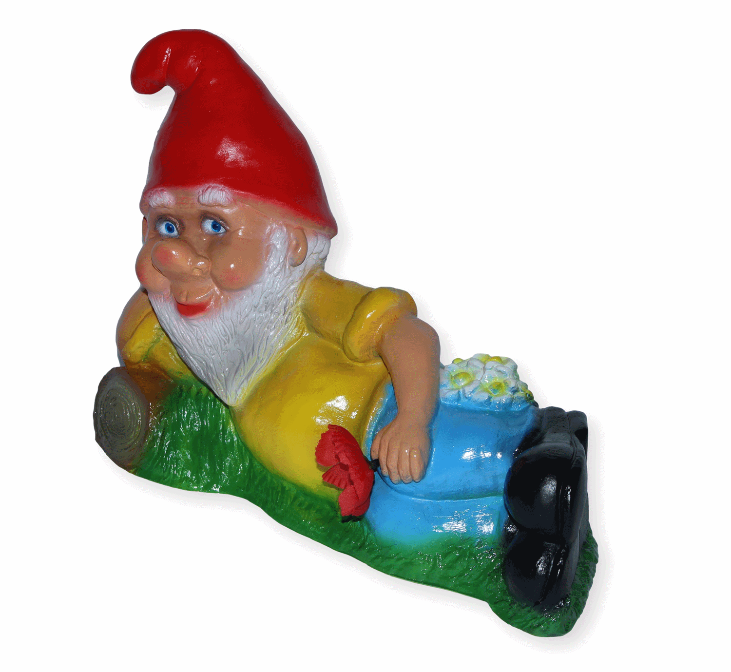 Deko Figur lustiger Zwerg H 21 cm Spaß Gartenzwerg liegend mit Blume Gartenfigur aus Kunststoff