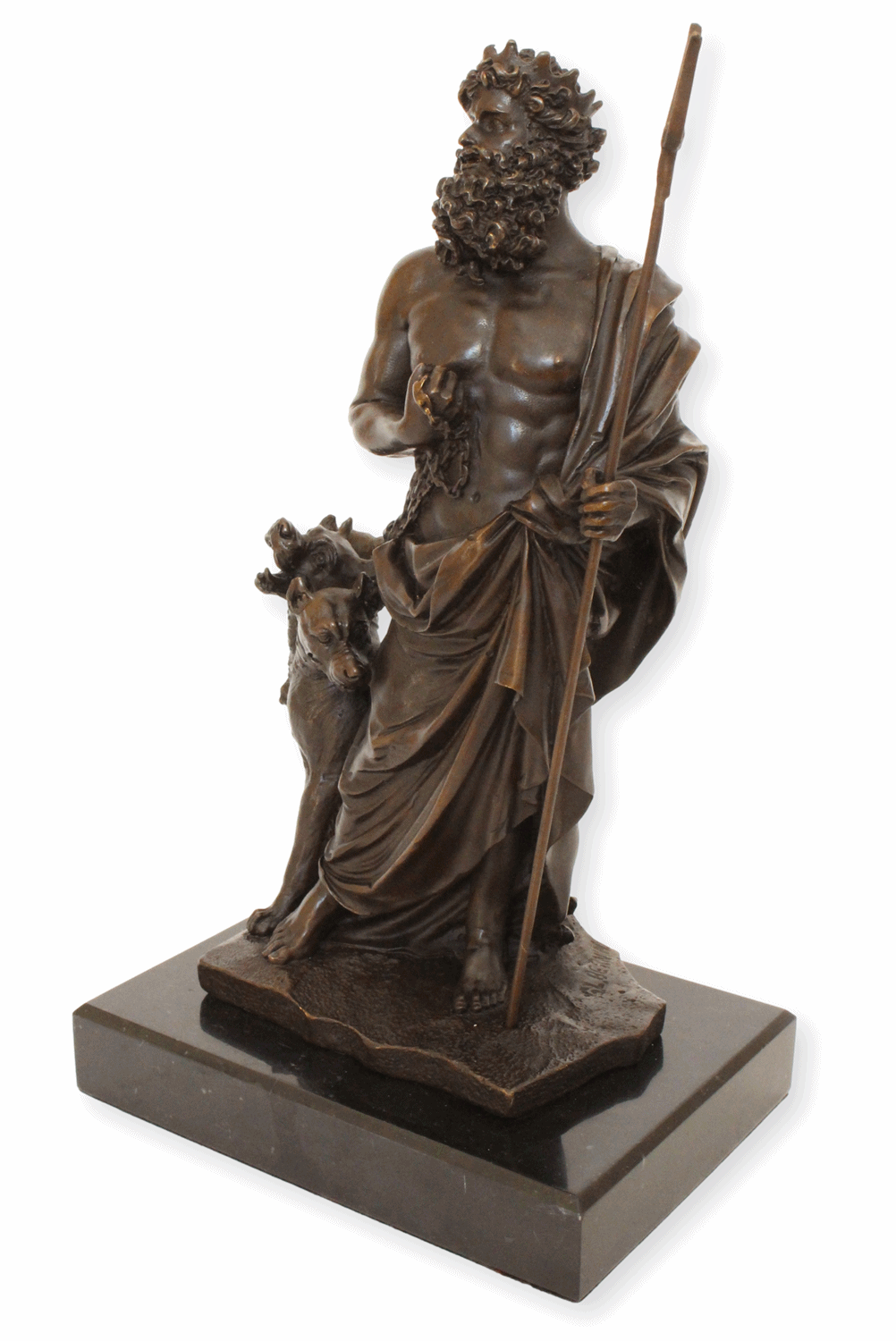 Bronzefigur Bronzeskulptur Bronze Hades mit Kerberos auf Marmorsockel H 29 cm griechische Mythologie