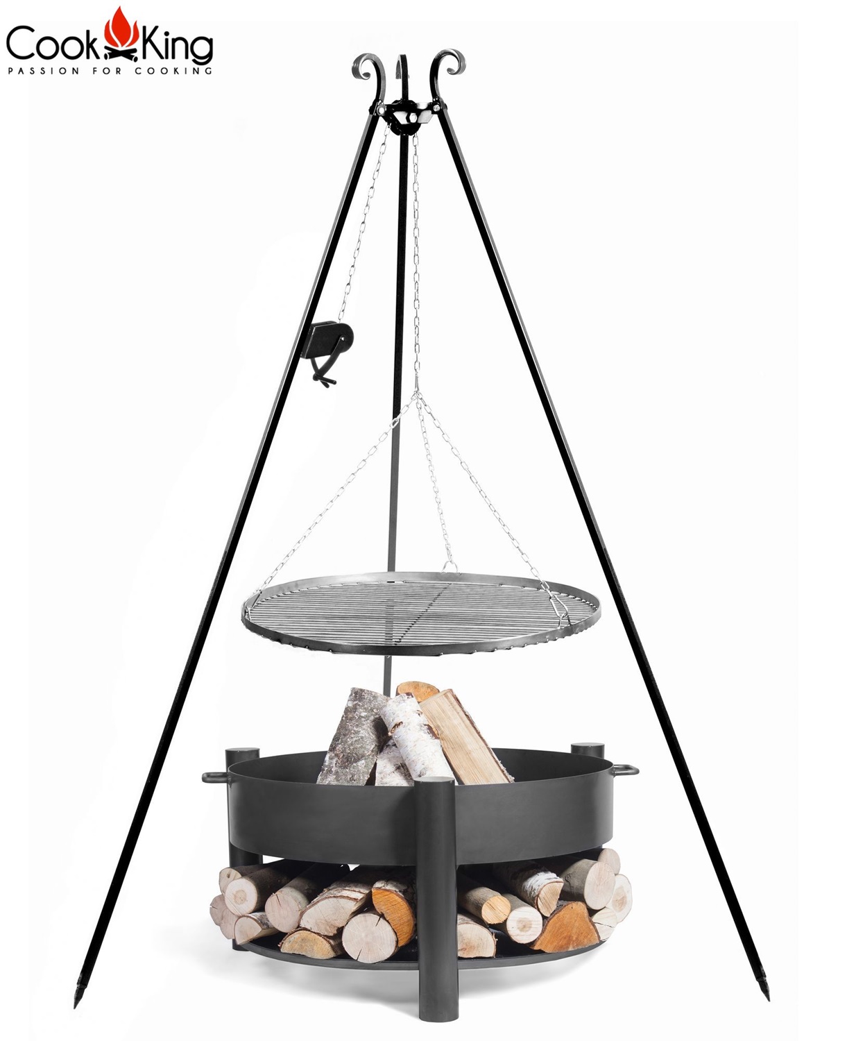 Set: Dreibein H 180 cm mit Grillrost Ø 50 cm aus Rohstahl und Kurbel + Feuerschale "Montana" Ø 60 cm