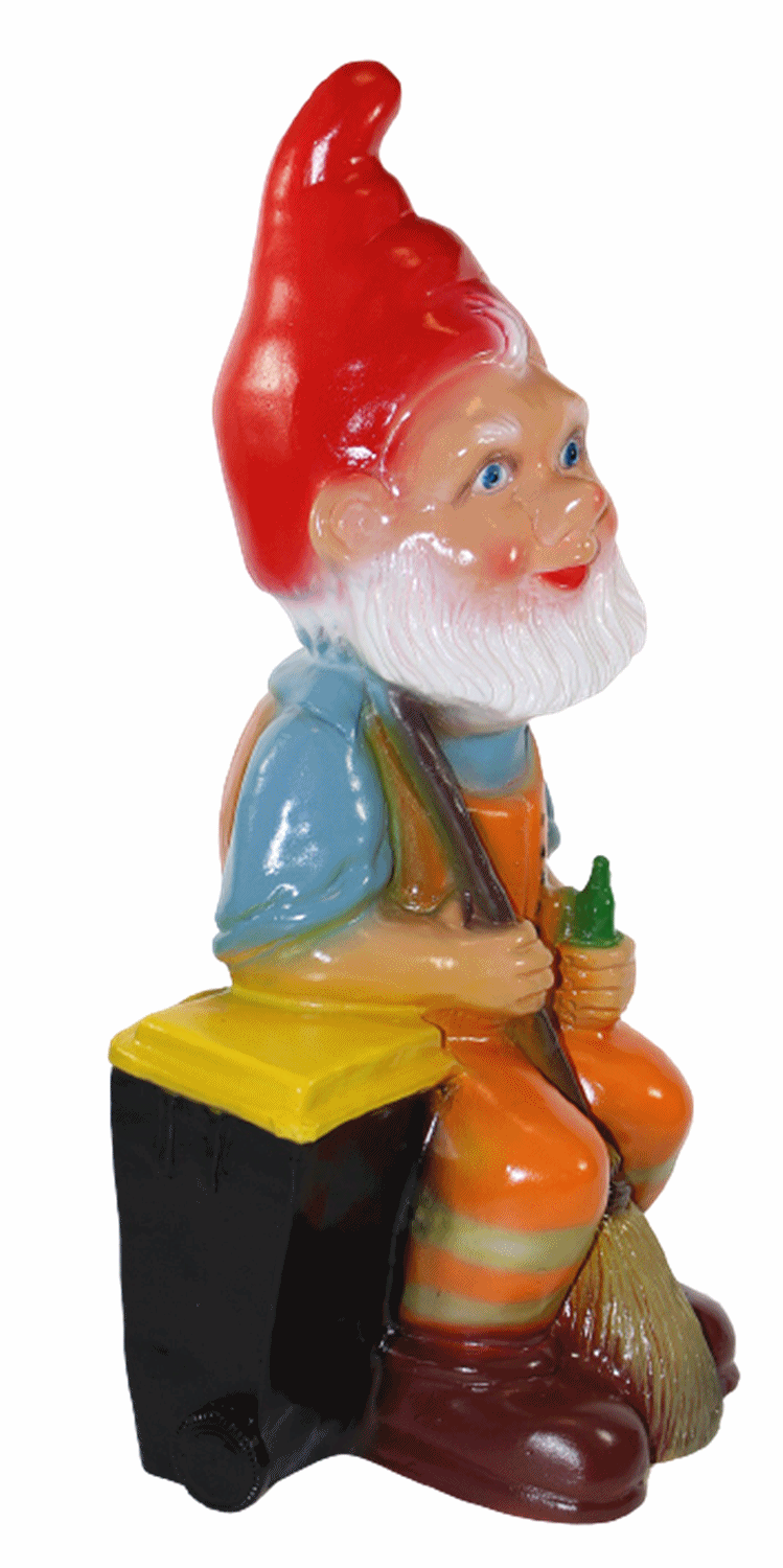 Gartenzwerg Deko Garten Figur Zwerg Straßenkehrer sitzend mit Besen aus Kunststoff H 46 cm