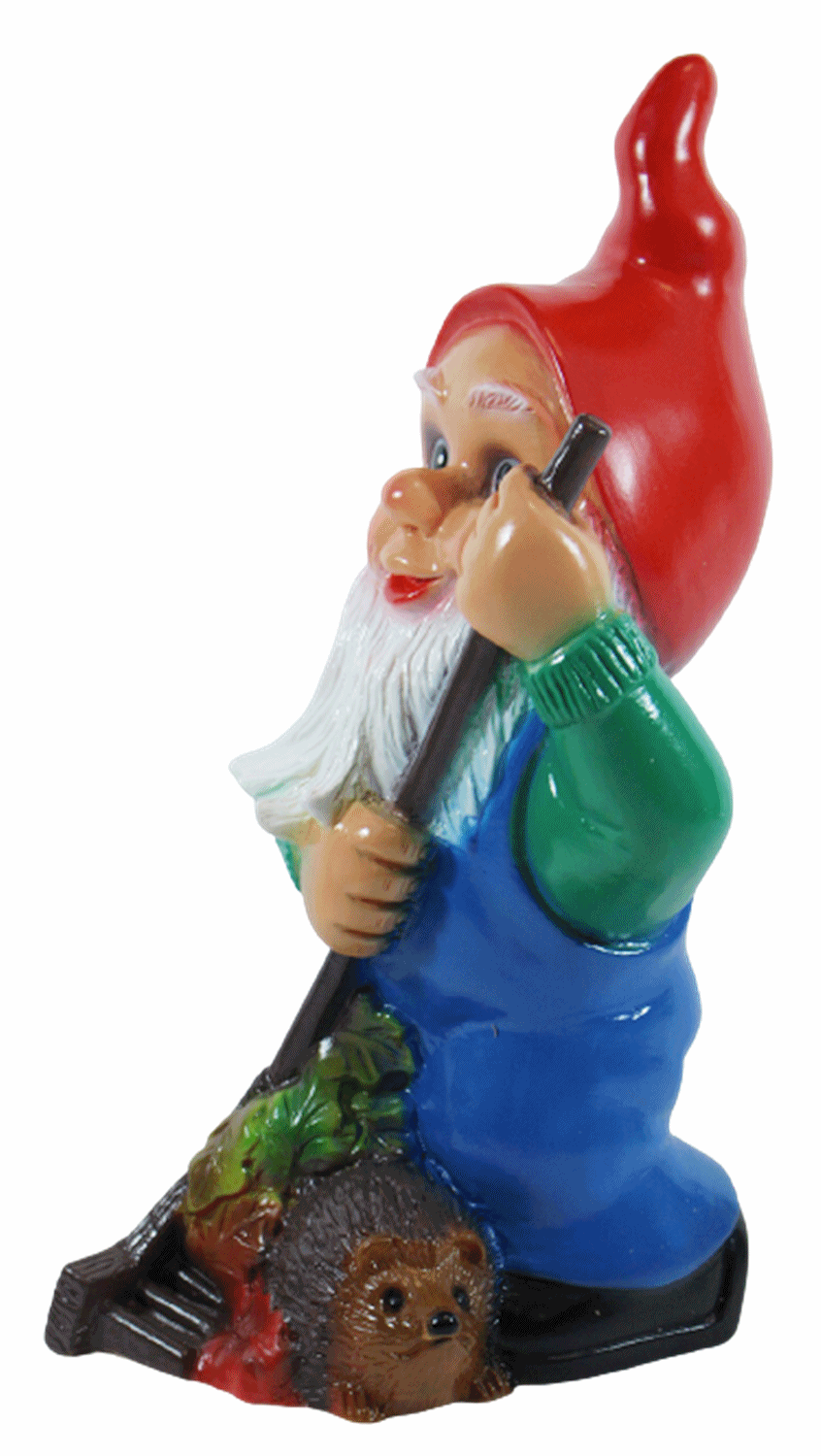 Gartenzwerg Deko Garten Figur Zwerg stehend mit Laubrechen und Igel aus Kunststoff H 34 cm