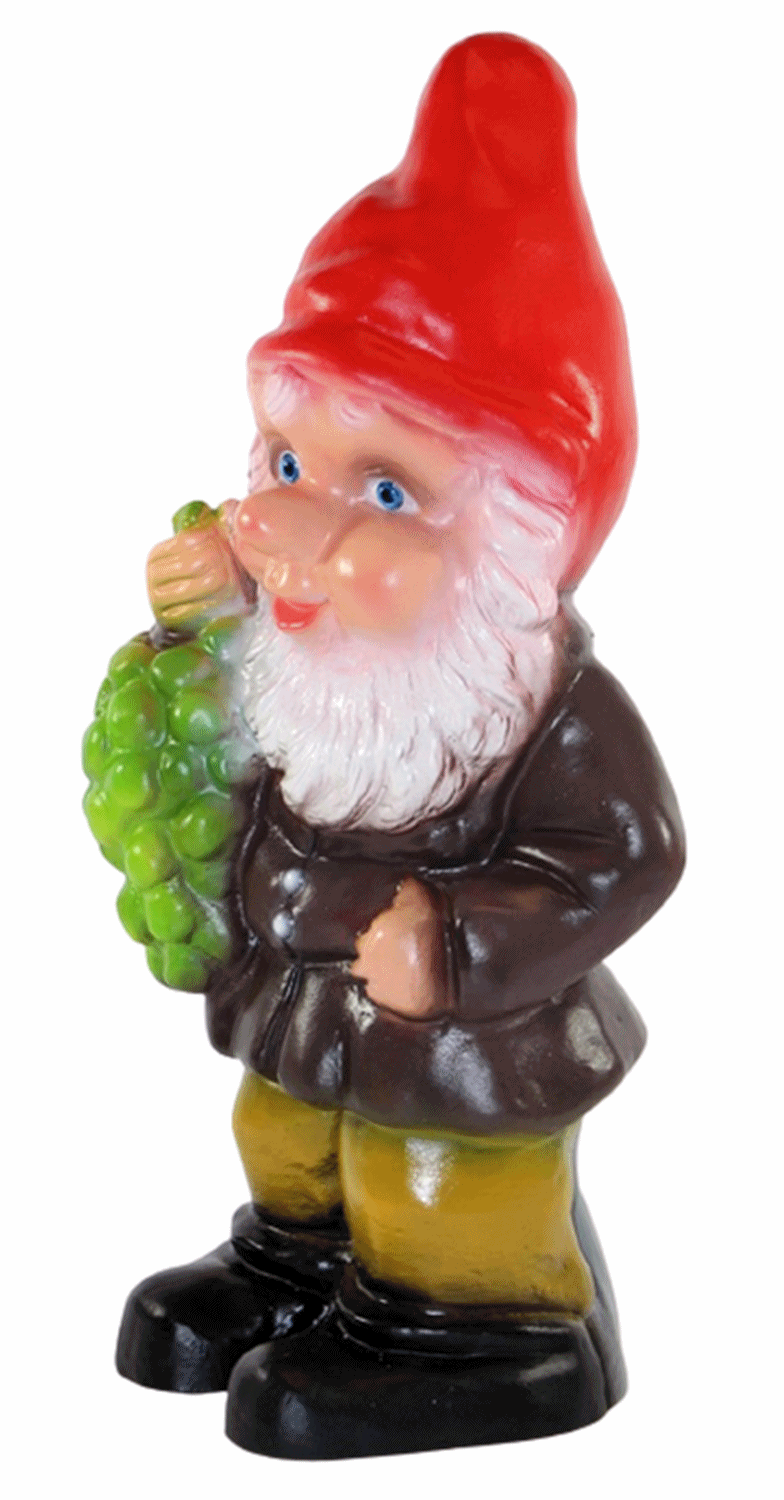 Deko Figur Zwerg H 34 cm Gartenzwerg mit Weintrauben stehend Gartenfigur aus Kunststoff