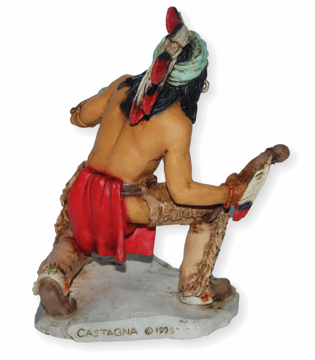 Indianerfigur Indianer Ottawa Anführer Chief Pontiac Skulptur H 14 cm geduckt mit Kopfschmuck