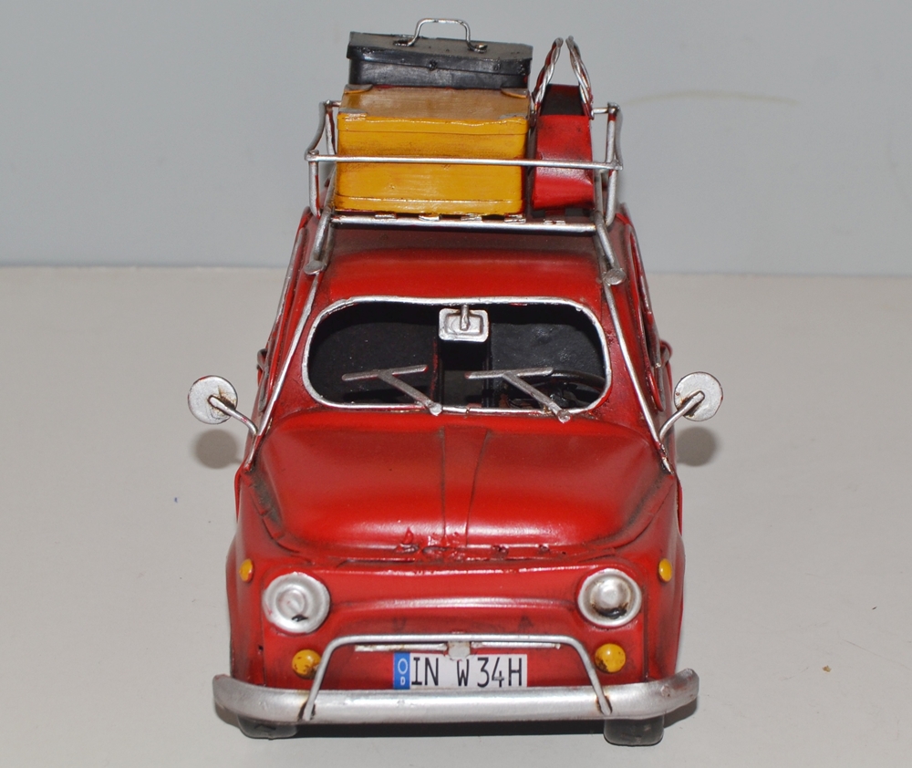Blechauto Nostalgie Modellauto Oldtimer Automarke Fiat 500 Topolino mit Koffer aus Blech L 24 cm