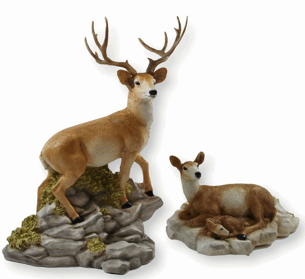 Dekofigur Hirsch stehend u. Reh mit Bambi liegend als Satz Kollektion Castagna aus Resin H 15-37 cm