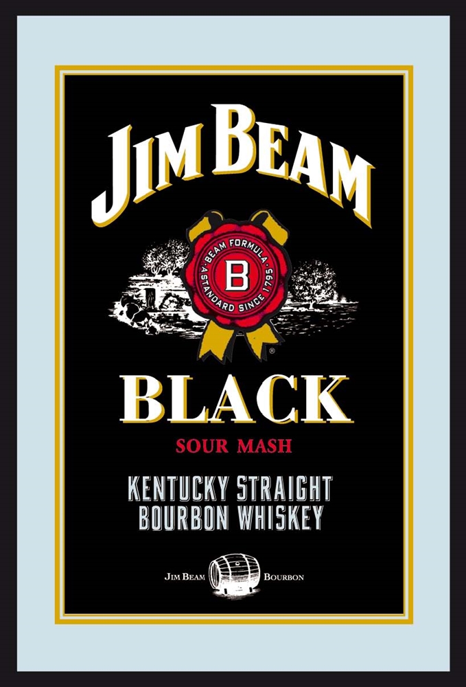 Set: 2 Spiegelbilder Jim Beam Whisky Flasche Emblem 30x20 cm Hinterglasdruck mit schwarzem Rahmen