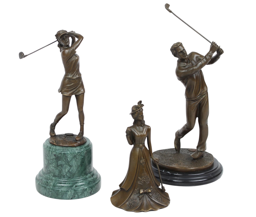 3er Set Bronzefiguren 2 Golfer Bronzeskulpturen und Golferin Tischglocke 17–32,5 cm Golfdekoration