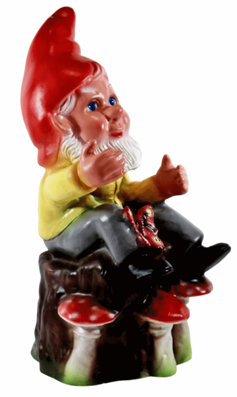 Gartenzwerg Deko Figur Zwerg auf Baumstamm mit Schmetterling u.Pilzen sitzend aus Kunststoff H 36 cm