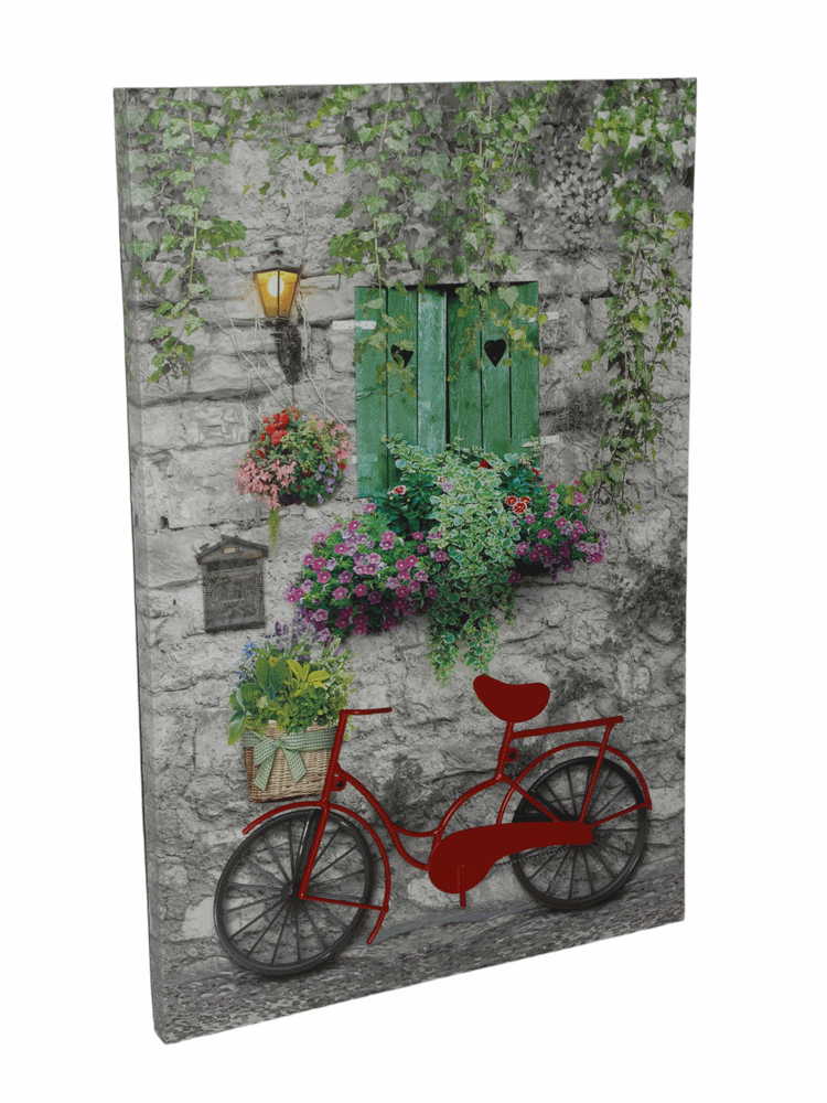 Nostalgie LED-Wandbild Gasse mit rotem Fahrrad Vintage Stil Blumen 60x40 cm Leinwandbild