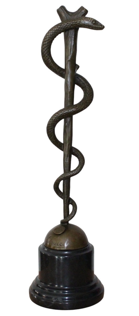 Bronzefigur Bronzeskulptur Äskulapstab Schlange aus Bronze auf Sockel H 38 cm Deko Figur