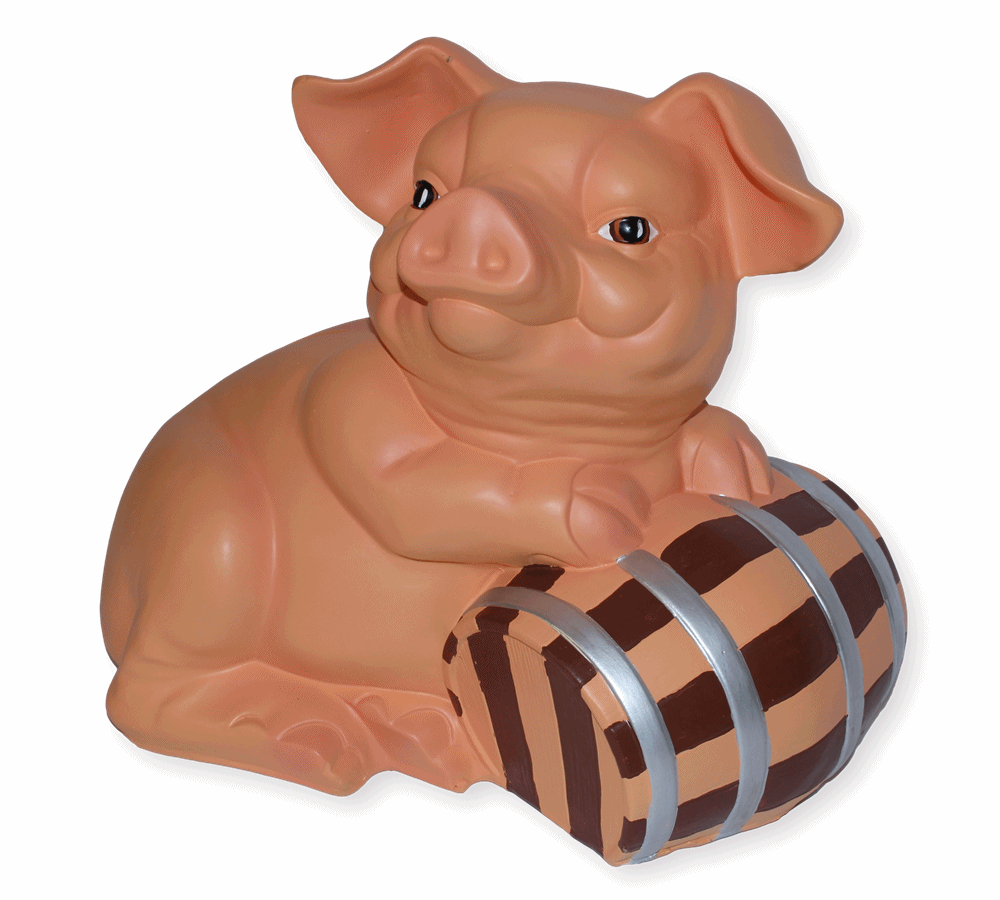 Dekofigur Schwein liegend als Spardose mit Fass H 40 cm aus Kunstharz Tierfigur Deko Ferkel
