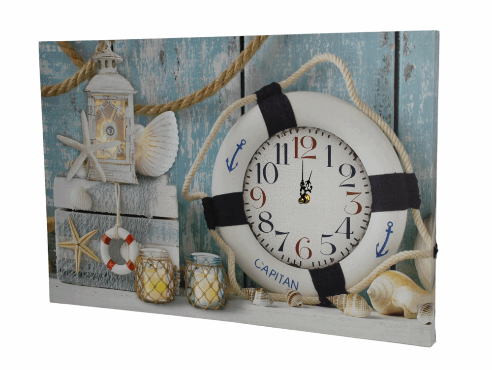 Nostalgie LED-Wandbild Maritim Deko Bild mit integrierter Uhr Rettungsring 40x60 cm Leinwandbild