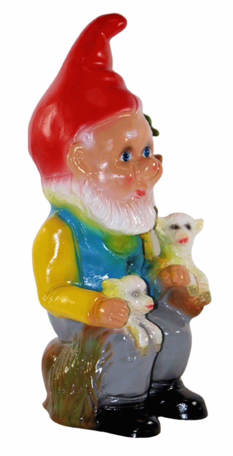 Deko Figur Zwerg H 30 cm Gartenzwerg mit 2 Lämmern und Papagei stehend Gartenfigur aus Kunststoff