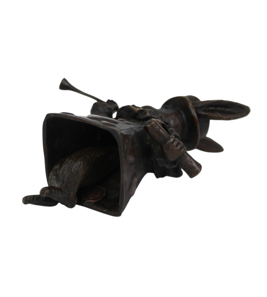 Elegante Tischglocke Hase im Jugendstil aus Bronze H 11,3 cm Herzkönigin Bronzefigur Herzornamenten