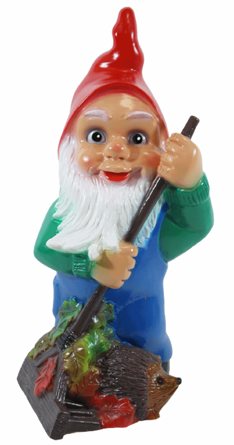 Gartenzwerg Deko Garten Figur Zwerg stehend mit Laubrechen und Igel aus Kunststoff H 34 cm