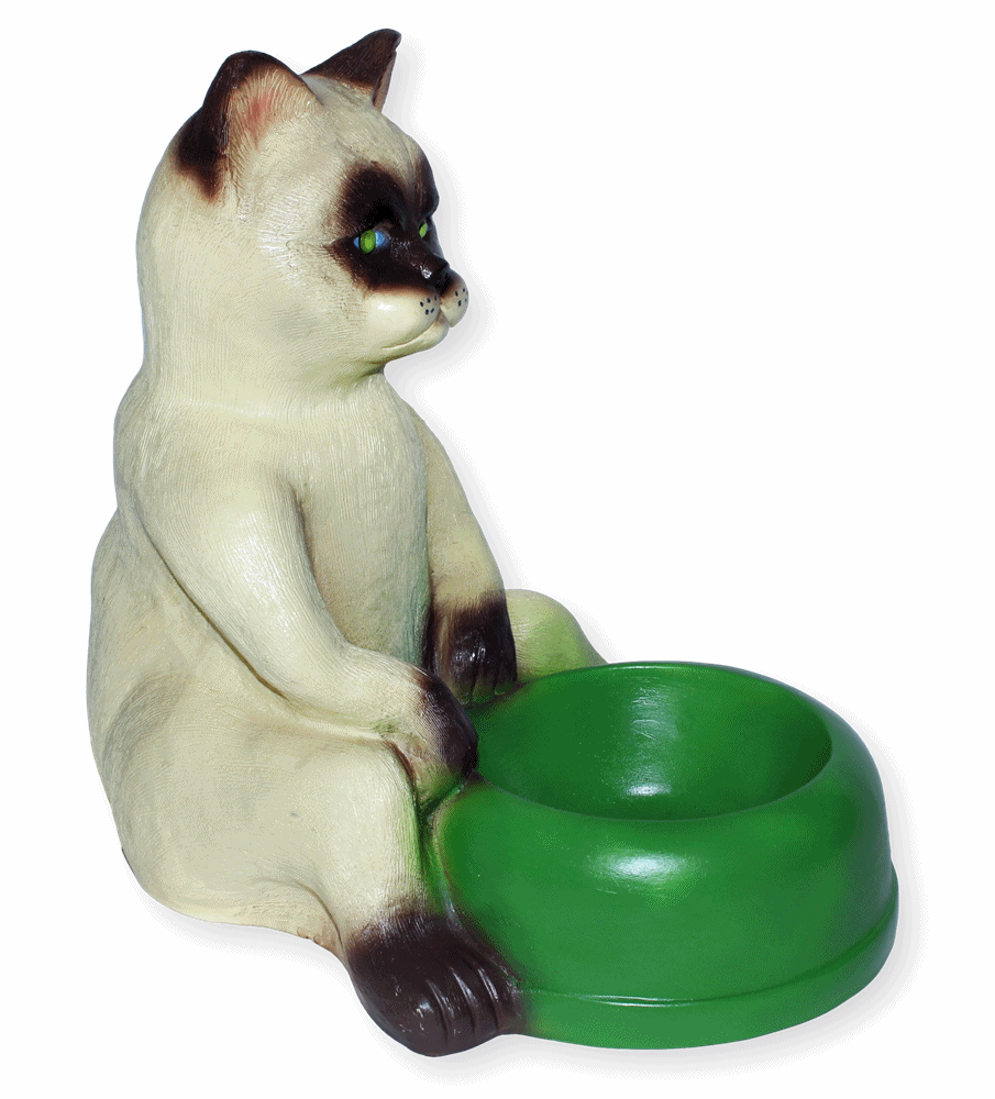 Deko Figur Dekofigur Tierfigur Katze Siamkatze mit grünem Fressnapf Trinknapf aus Kunststoff H 29 cm