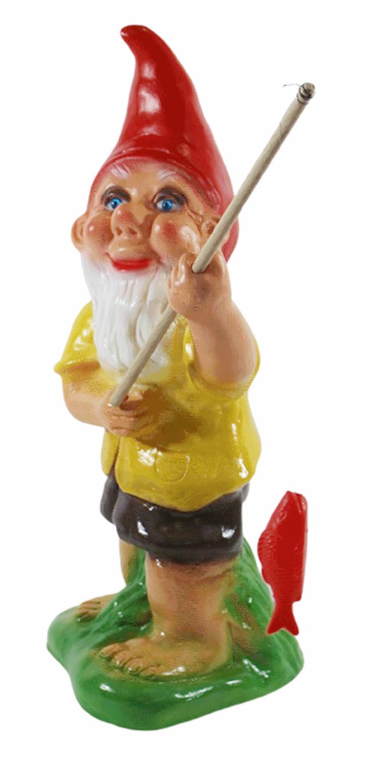Gartenzwerg Deko Garten Figur Zwerg Angler mit Angel und Fisch stehend aus Kunststoff Höhe 35 cm