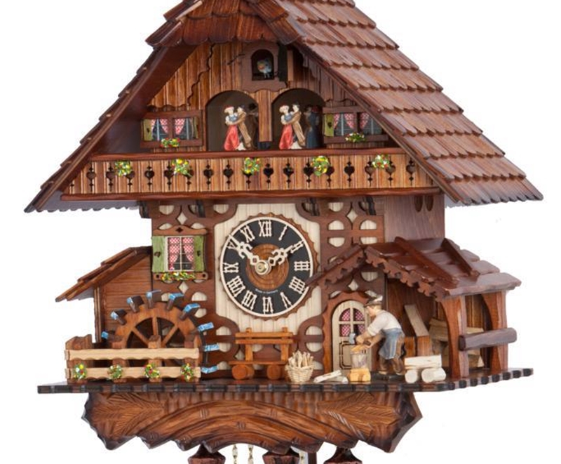 Traditionelle Kuckucksuhr "Das Holzfällerhaus" aus Holz, Höhe 47 cm, mechanisches Uhrwerk
