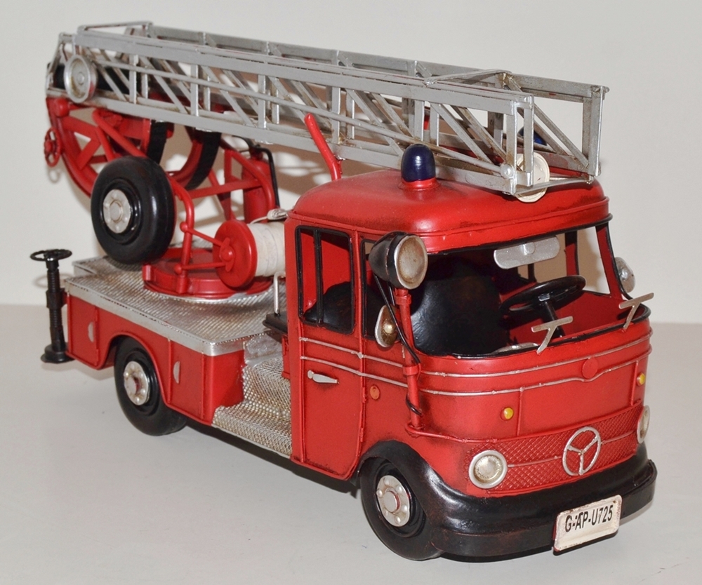 Blechauto Nostalgie Modellauto Oldtimer Mercedes-Benz L 405 Feuerwehr Drehleiter aus Blech L 38 cm
