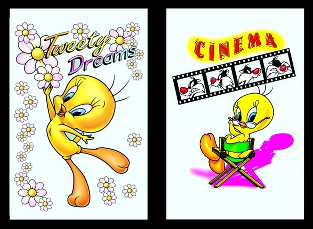 Set 2 Spiegelbilder Looney Tunes Tweety Deko Bild 30x20 cm Wandbilder Hinterglasdruck mit Rahmen