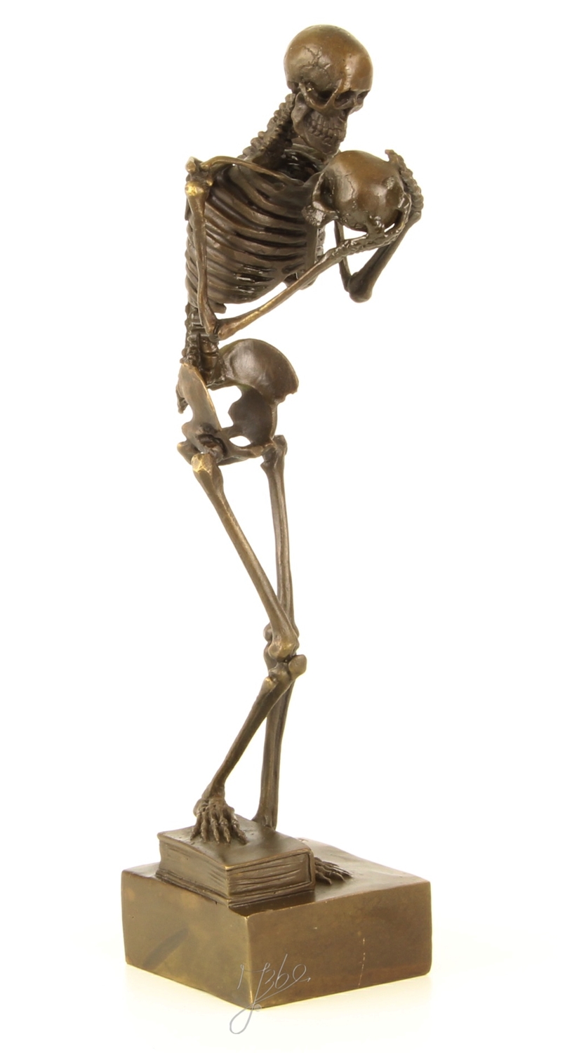 Bronzefigur Bronzeskulptur Skelett Mensch mit Schädel aus Bronze auf Sockel H 28 cm Deko Figur