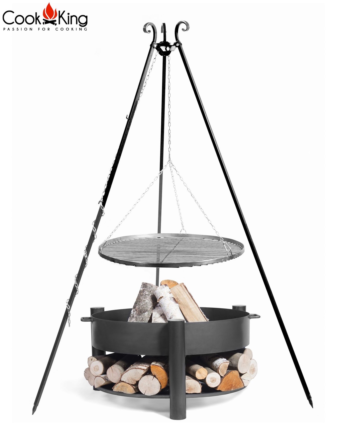 Set: Dreibein H 180 cm mit Grillrost Ø 50 cm aus Rohstahl + Feuerschale "Montana" Ø 60 cm Grillen