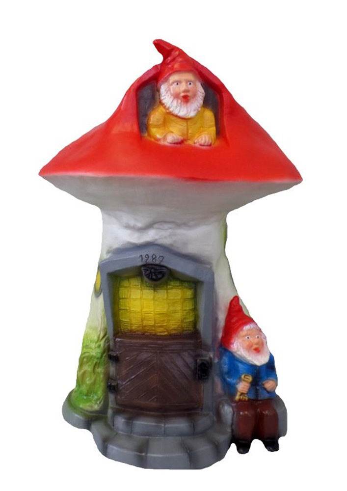 Deko Figur Zwerge 2 kleine Gartenzwerge im Pilz-Zwergenhaus H 35 cm Gartenfigur aus Kunststoff
