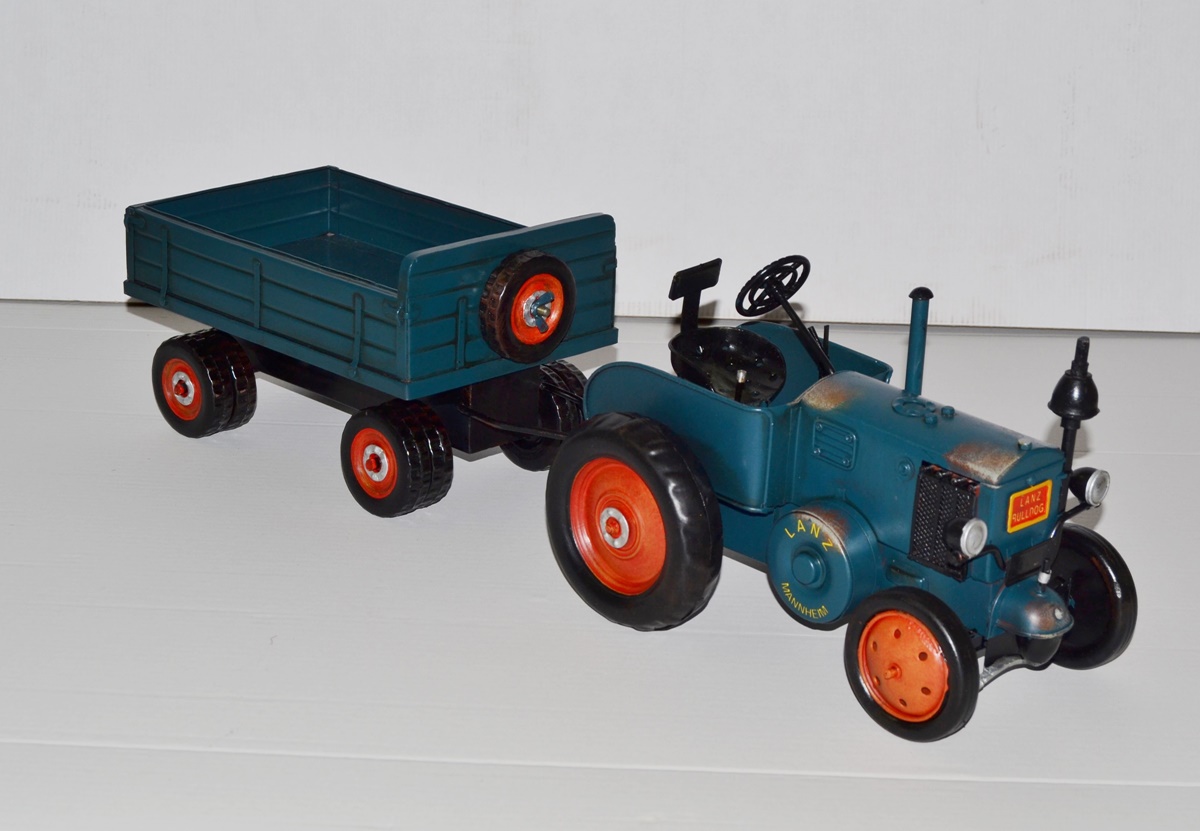 Blechtraktor Nostalgie Traktor Lanz Gespann mit Pritschenanhänger Oldtimer Lanz Bulldog L 60 cm