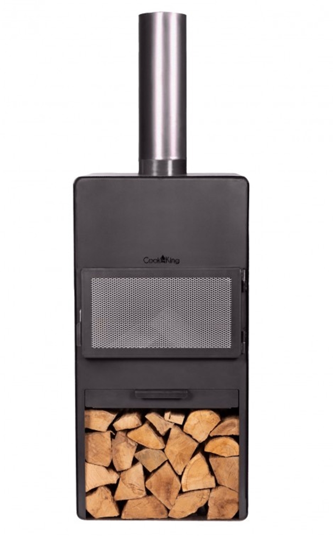 Gartenkamin "Vento" Gartenofen H 150 cm zum Grillen Heizen Terrassenofen mit Kaminregal Naturstahl