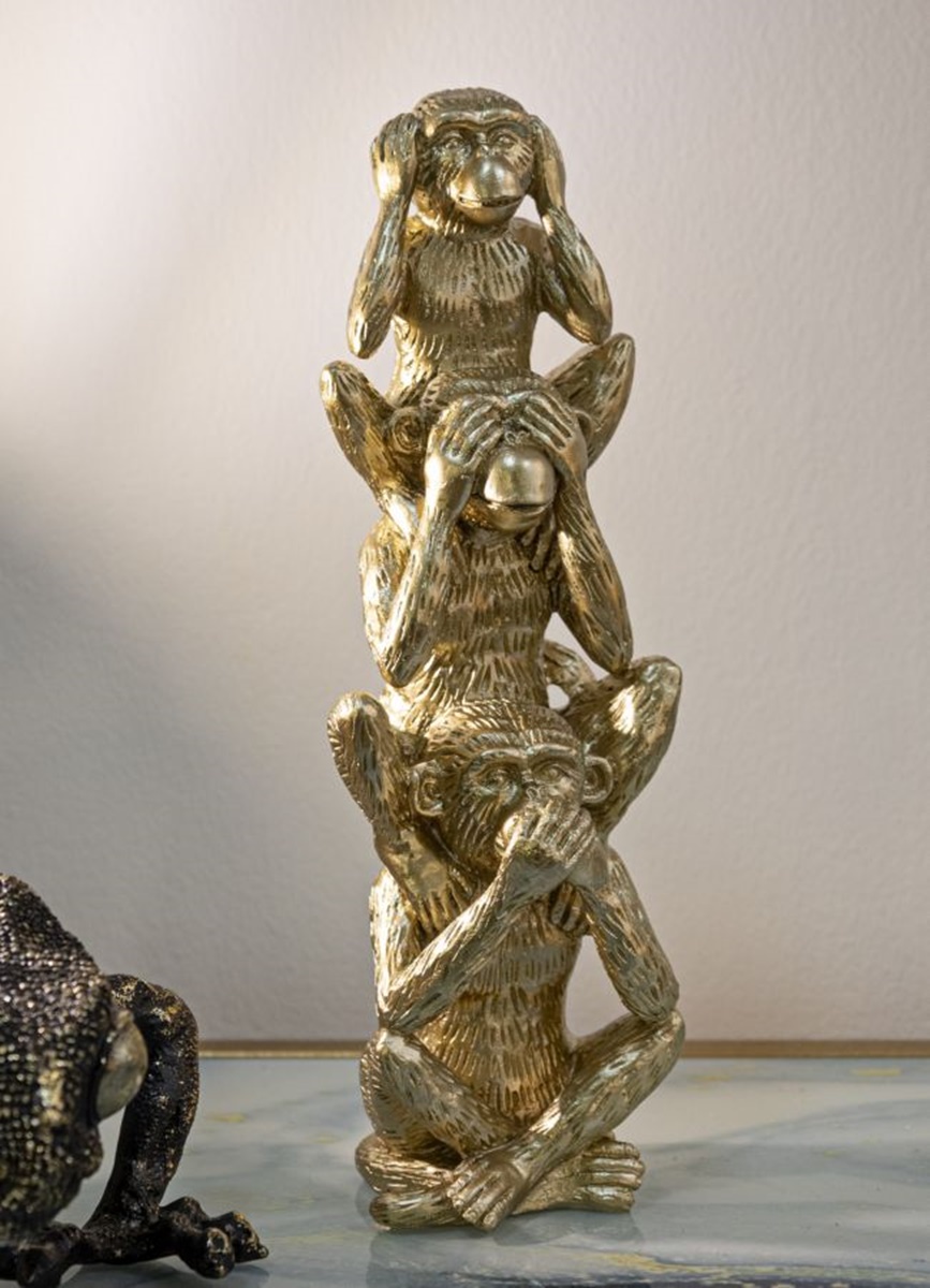 Dekofigur Drei Affen aufeinandersitzend Tierfigur in goldener Optik Fell fein strukturiert H 30 cm