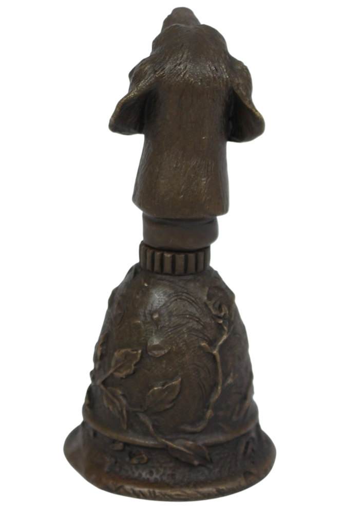 Bronzefigur Hund als Tischglocke H 10 cm Kunstvolle Bronze Handglocke mit Hundekopf Jugendstil Deko