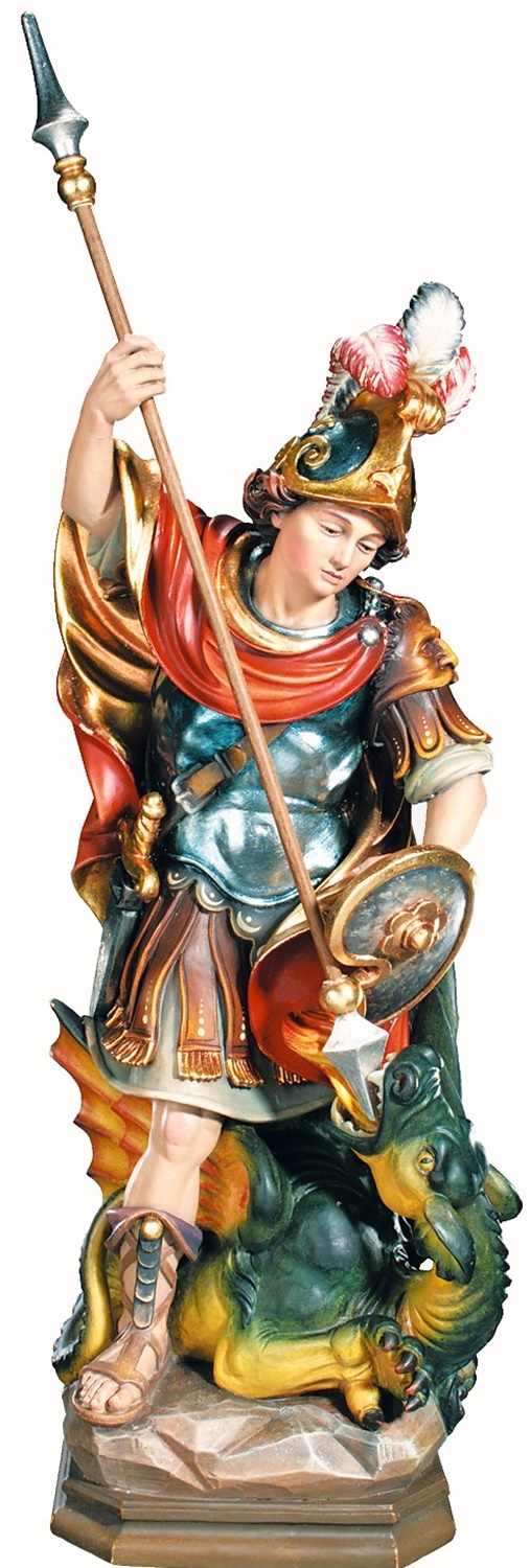 Heiligenfigur Heiliger Georg kämpfend mit Drache H 15 cm Schutzpatron Holzfigur Statue aus Ahornholz