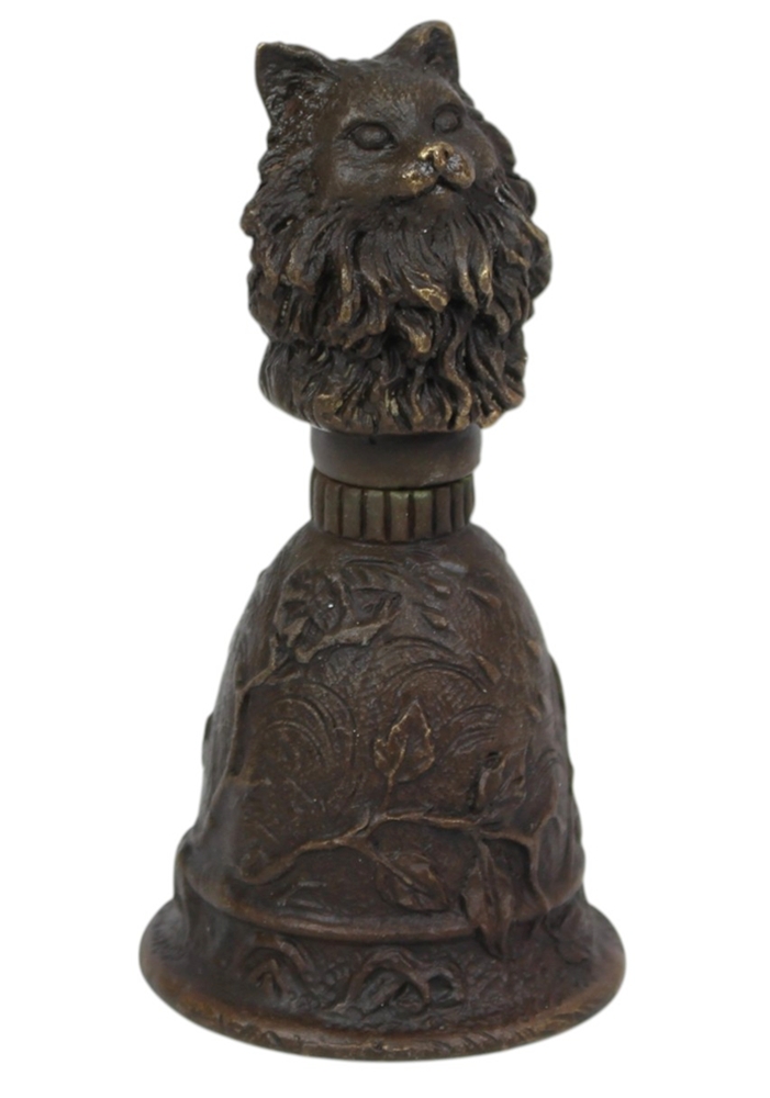 Bronzefigur Katze als Tischglocke H 9,8 cm Bronze Nostalgische Handglocke mit Katzenkopf Jugendstil