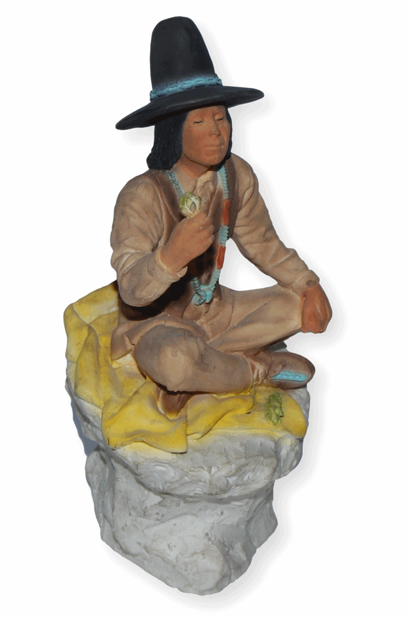 Indianerfigur Häuptling Wovoka H 15 cm mit Hut auf Felsen sitzend Dekofigur Native American Castagna